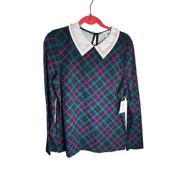 Charter Club Peter Pan Embelished Collar Top Plaided Multicolor Womens Large NEW - Picture 2 of 6